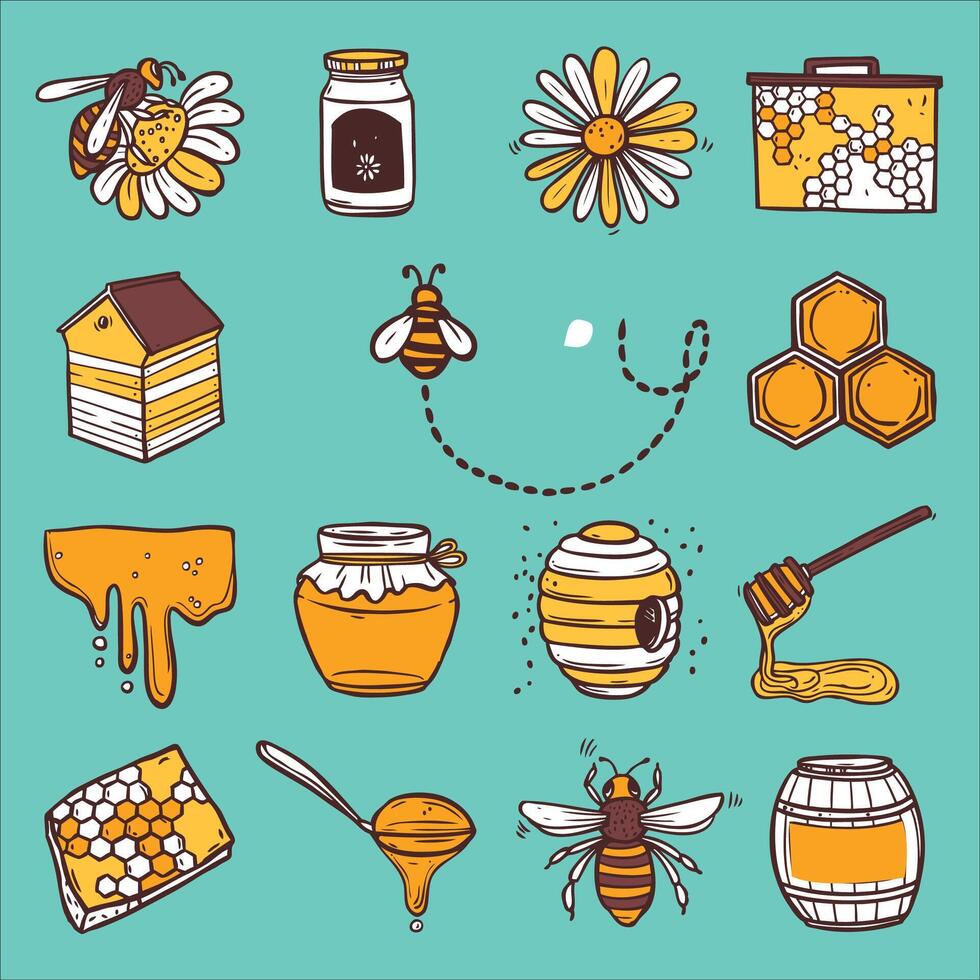 Beekeeping icons set, including honey, bee, bee hive, beekeeper, honeycomb,. vector