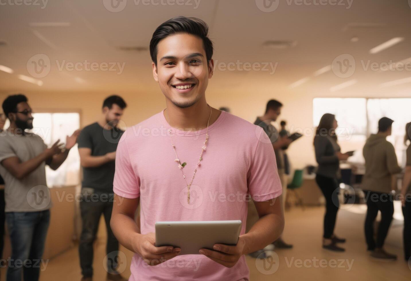 AI Generated Man in pink shirt with digital tablet at networking event. Sociable and tech-oriented professional scene. photo