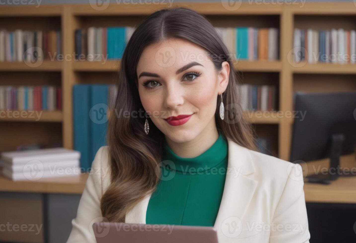 AI Generated Single woman with professional attire, confidently looking ahead. Portrait in an office environment. photo