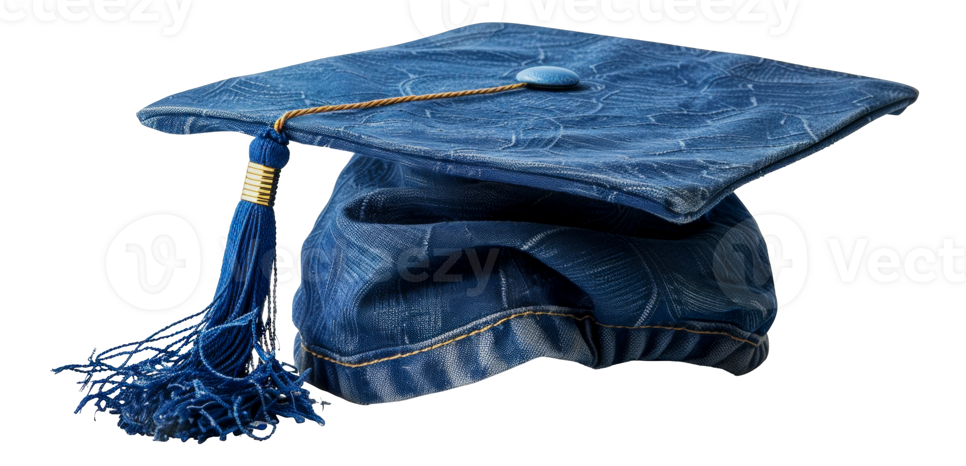AI generated Blue denim-textured graduation cap with tassel on transparent background - stock png. png