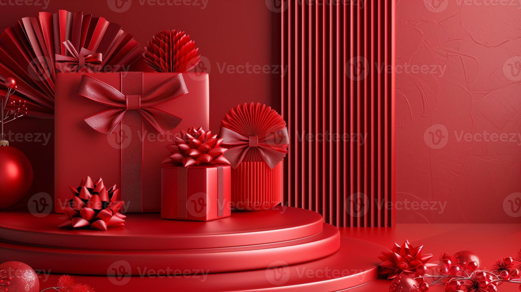 AI generated Background with red gift box products stand by podium. Contemporary podium stage for e-comerse. Generated by artificial intelligence. photo