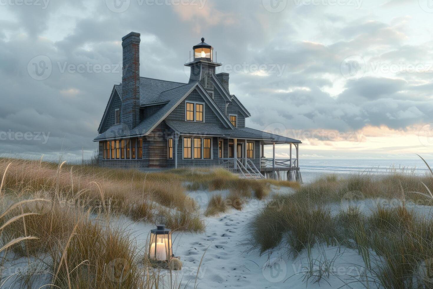 AI generated A Cape Cod-style seaside house nestled among sand dunes and seagrass photo