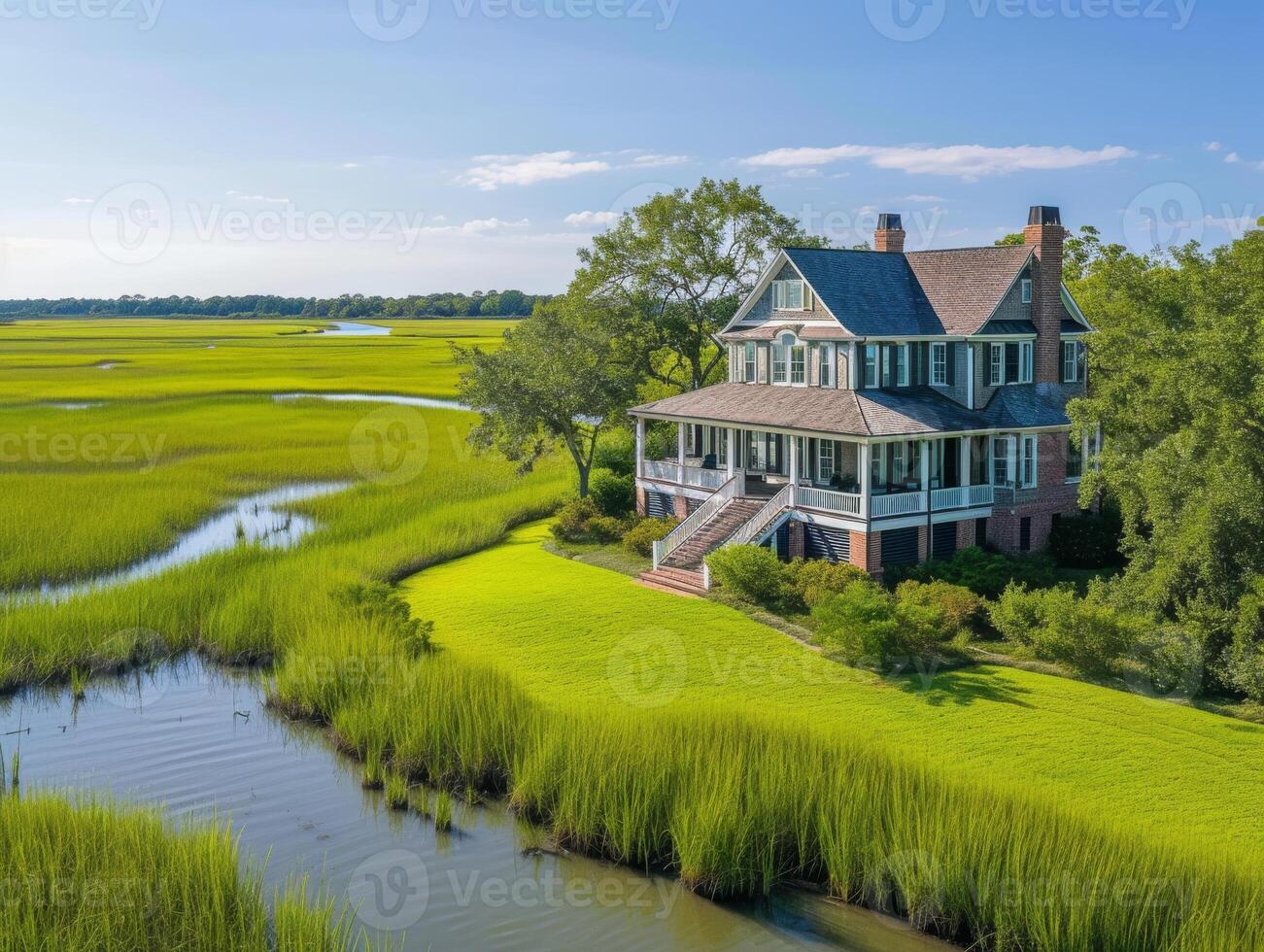 AI generated A Cape Cod-style manor house perched on the edge of a tranquil salt marsh photo