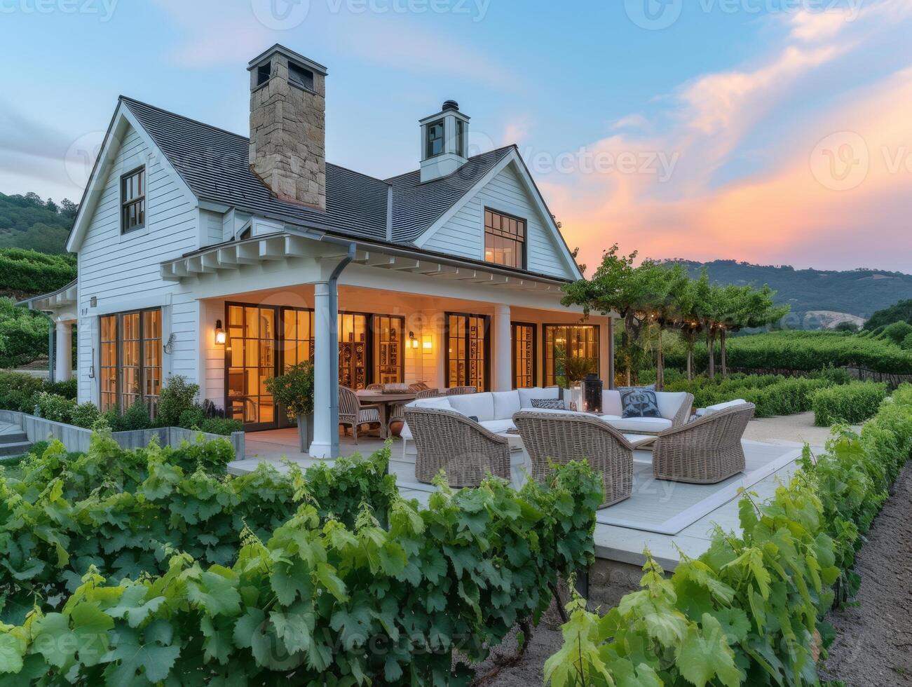 AI generated A Cape Cod-style retreat nestled within acres of vineyards and rolling hills photo