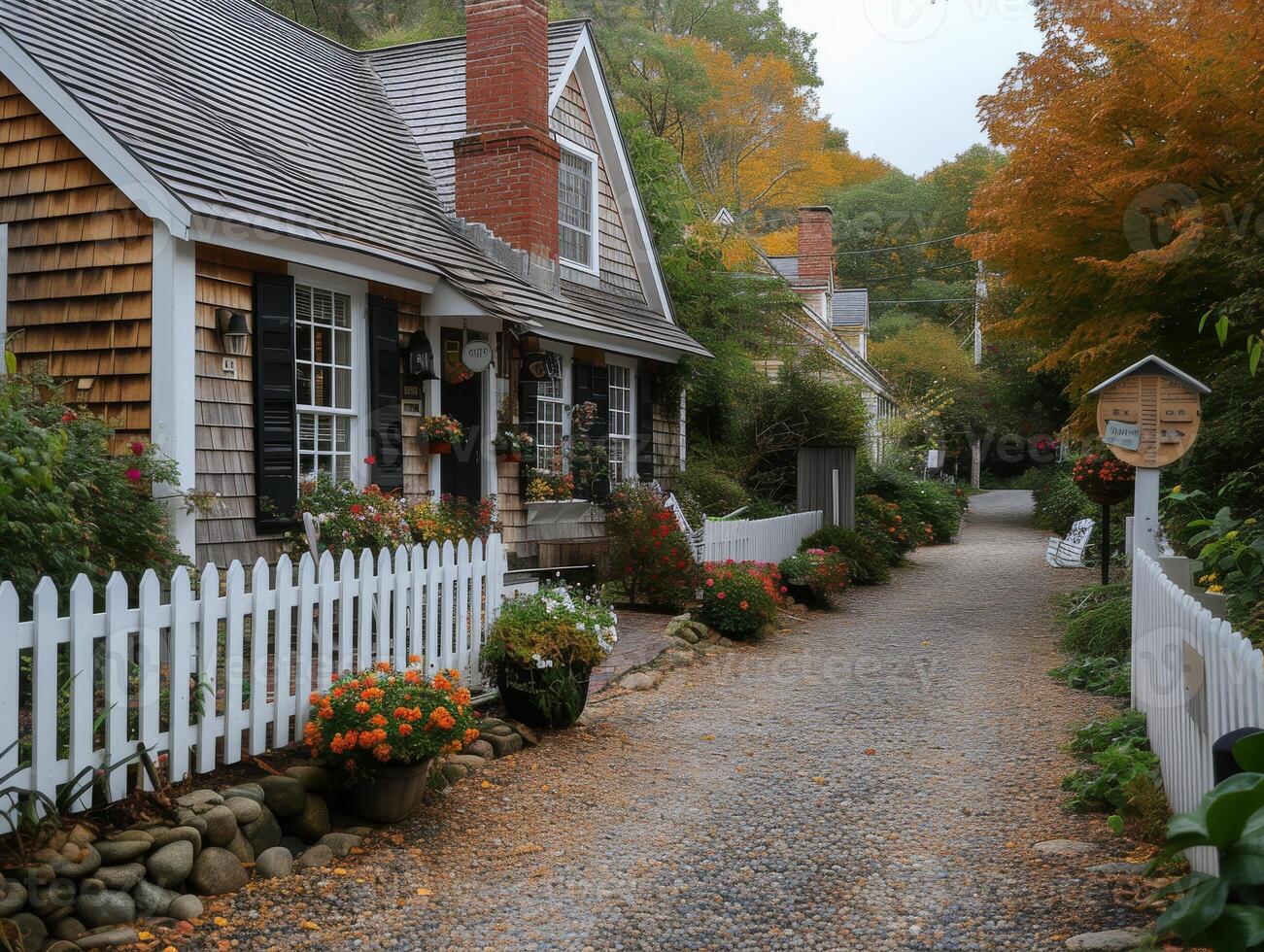 AI generated A Cape Cod-style house nestled within the heart of a historic New England town center photo