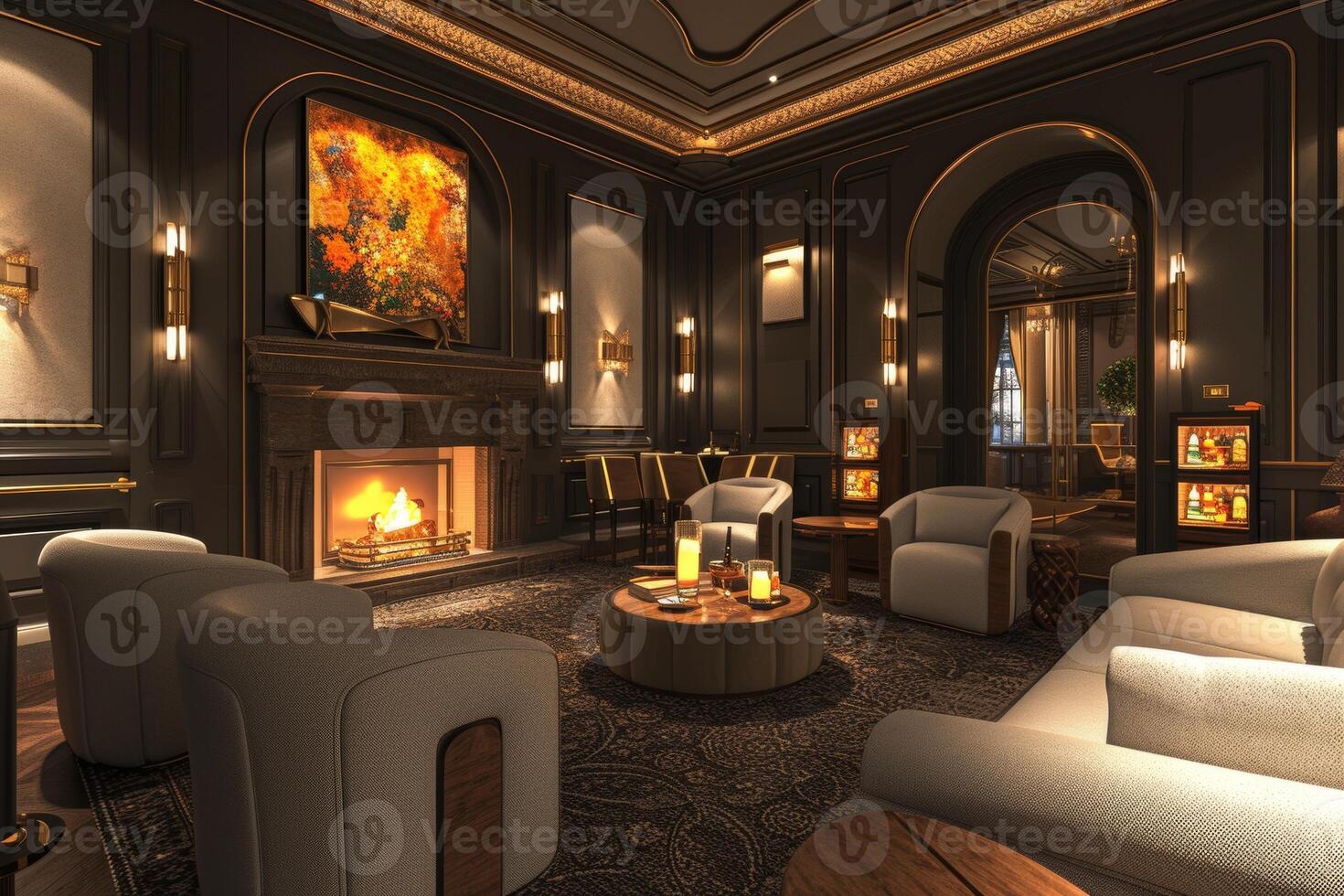 AI generated An Art Deco-style entertainment room, showcasing plush seating photo