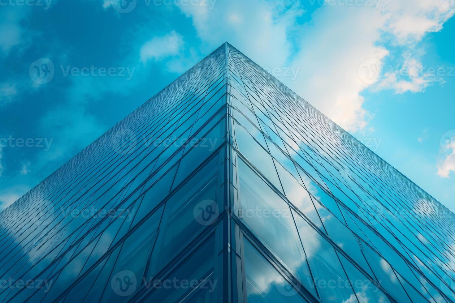 AI generated A daylight scene from a pedestrian's perspective, looking up at a towering office building against the bright blue sky photo