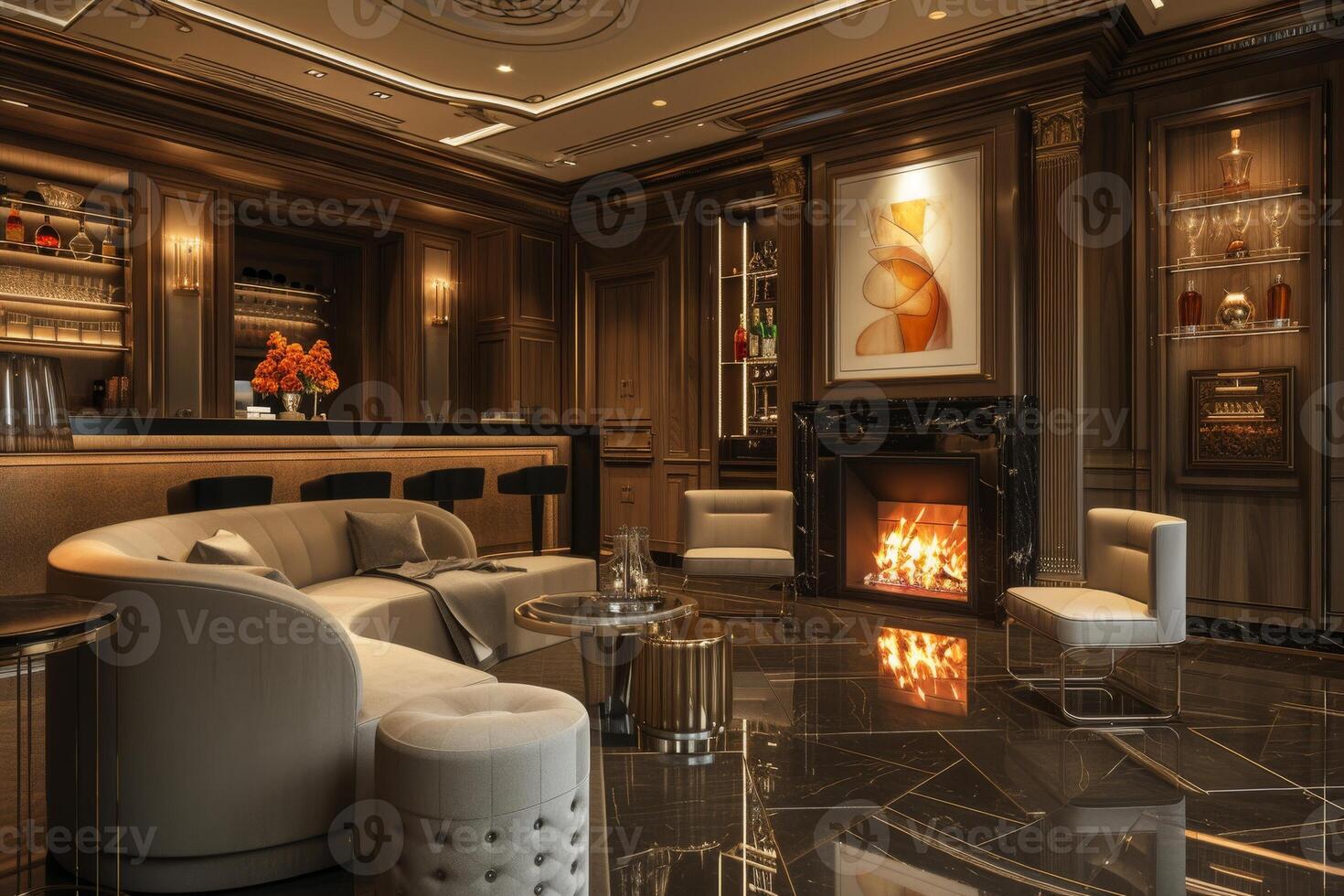 AI generated An Art Deco-style entertainment room, showcasing plush seating photo