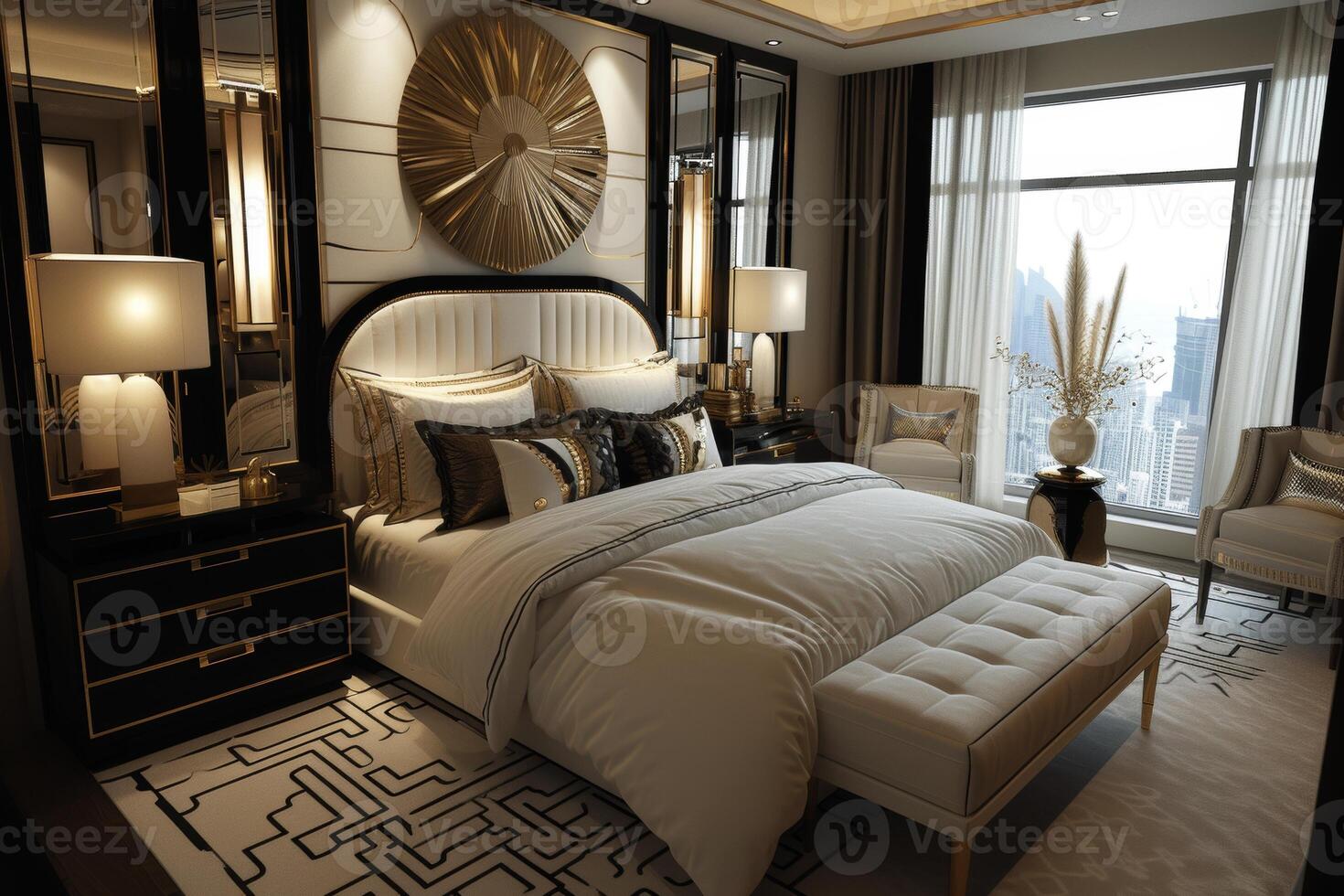 AI generated Art Deco-style bedroom oasis, featuring crisp white linens photo