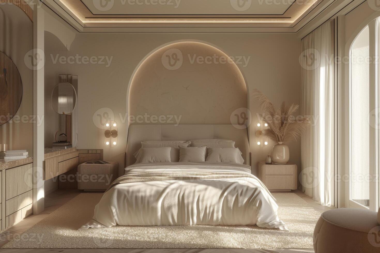 ai generado un Arte estilo deco invitado dormitorio, exhibiendo un simplificado cama foto