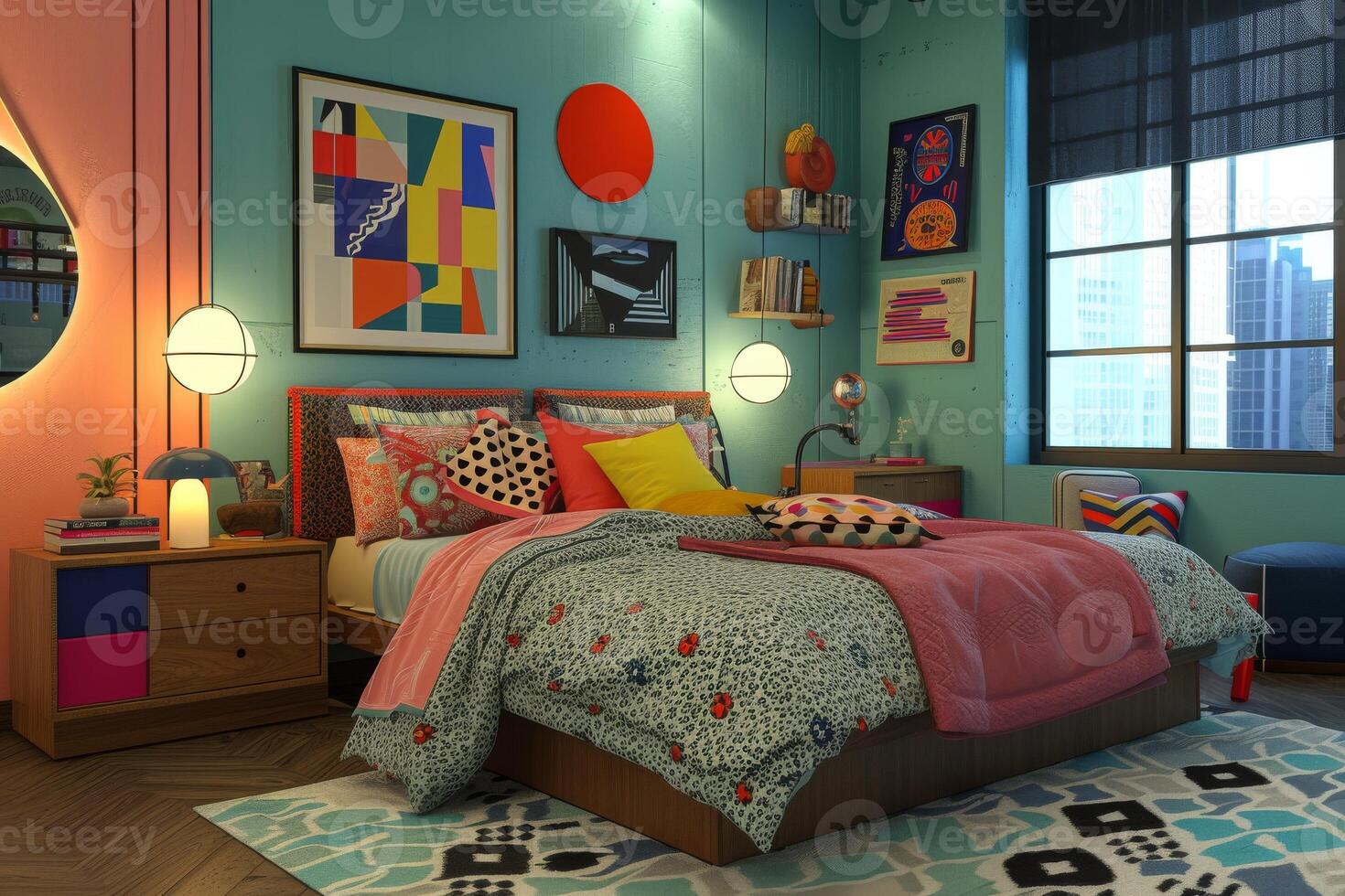 AI generated Art Deco-style teenager's bedroom, showcasing bold colors photo