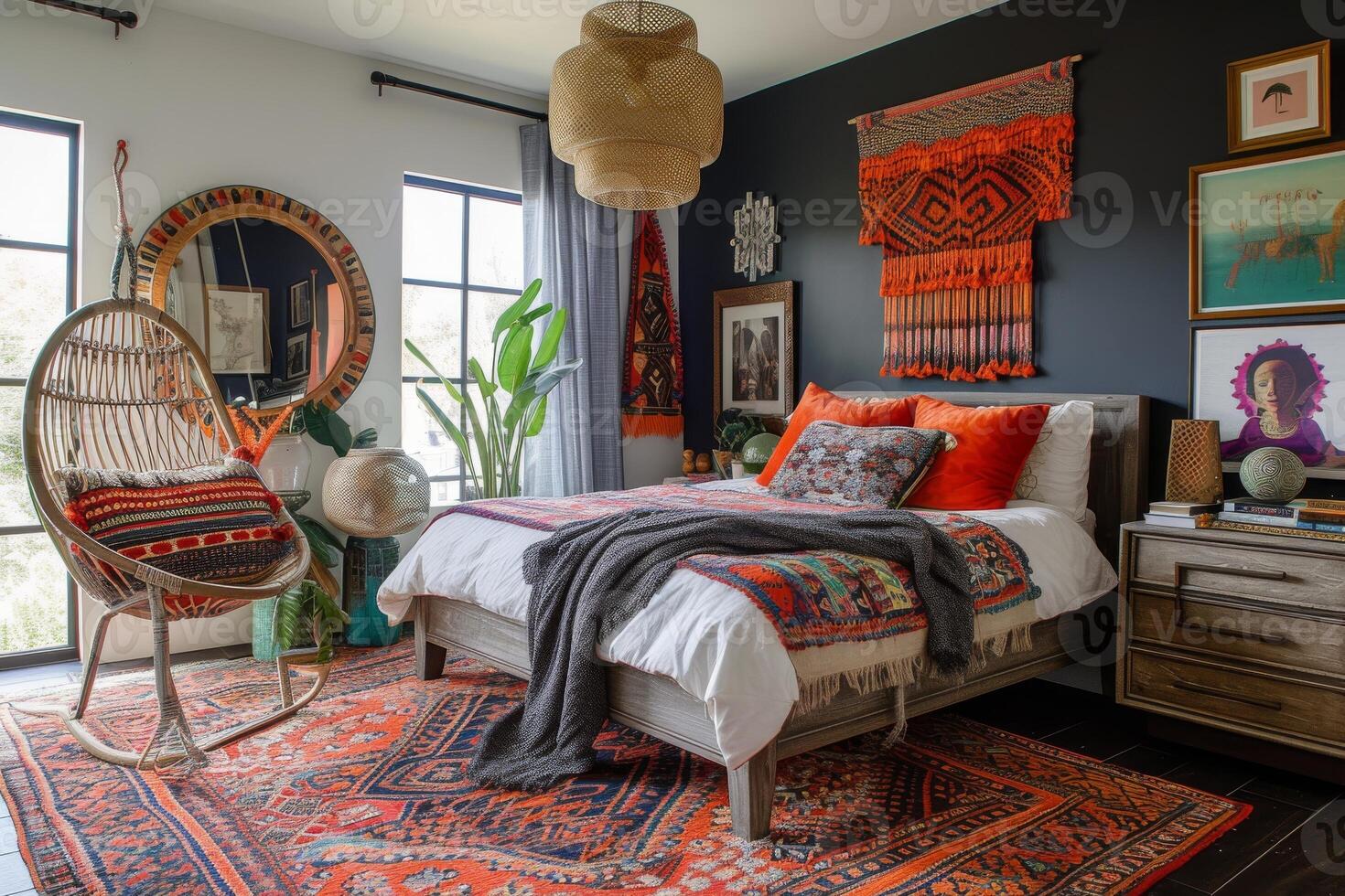 AI generated An eclectic-style bedroom, showcasing a mix of vintage and modern furniture photo