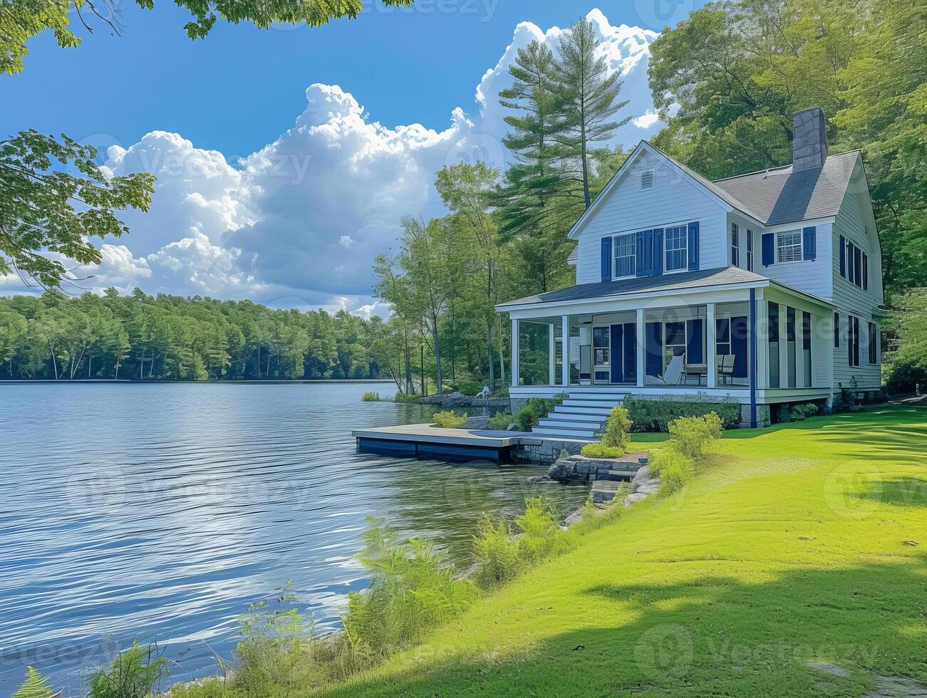 AI generated A Cape Cod-style house nestled on the shores of a tranquil lake photo