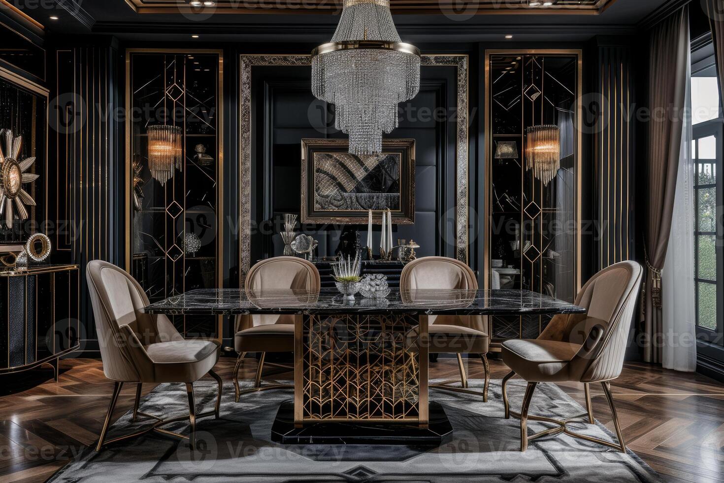 AI generated Art Deco dining room with a marble-topped table, upholstered dining chairs photo