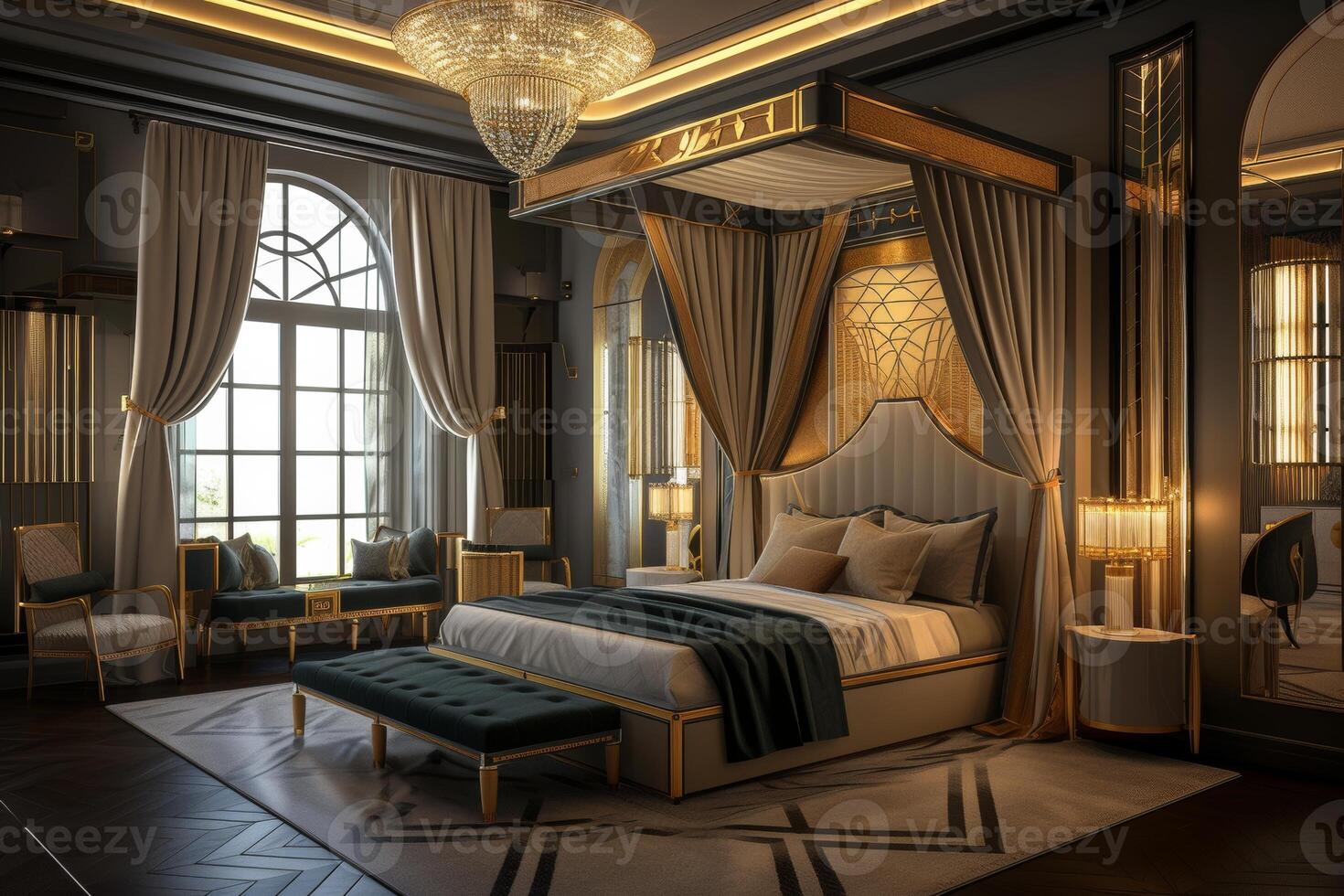 ai generado Arte estilo deco Maestro dormitorio, caracterizada por un pabellón cama foto