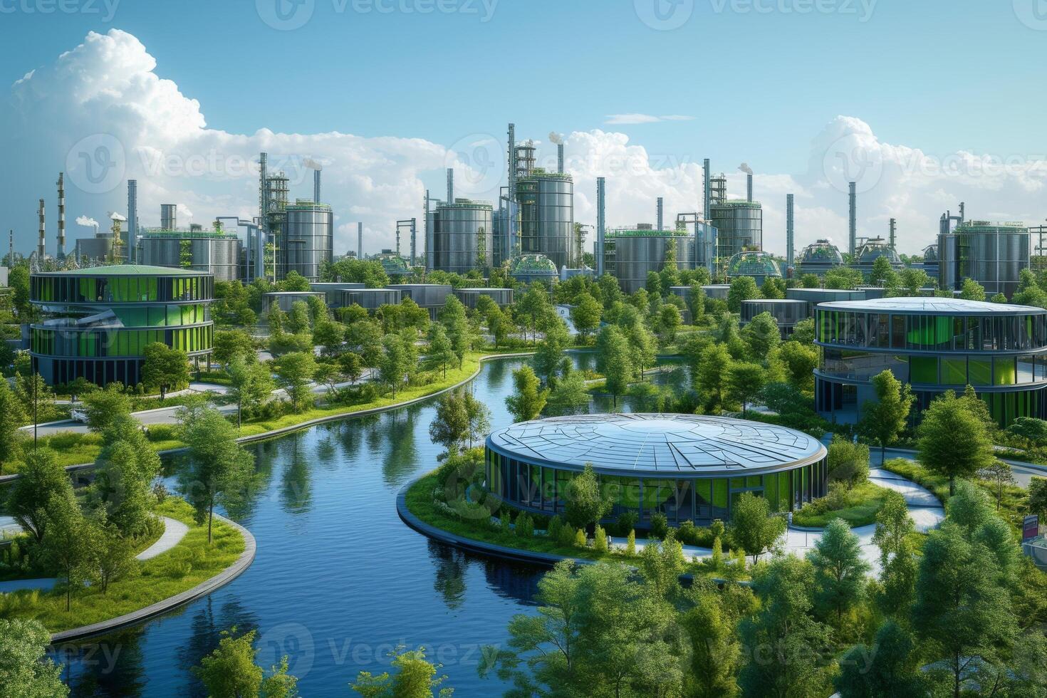 AI generated A sustainable industrial park that integrates resource-efficient processes photo