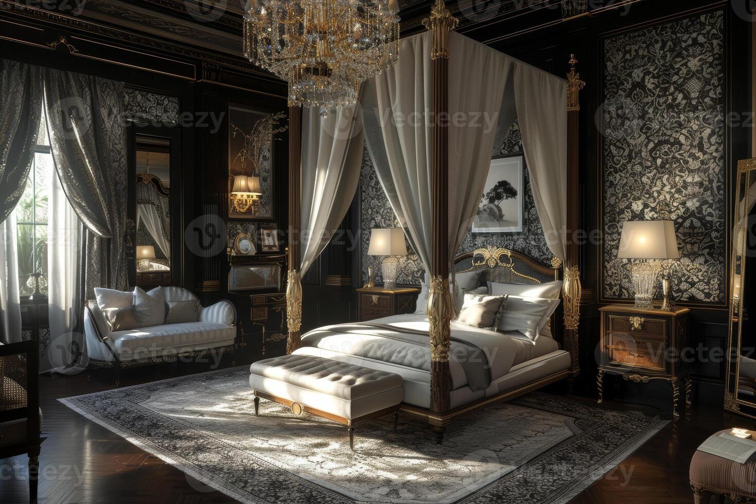 ai generado Arte estilo deco Maestro dormitorio, caracterizada por un pabellón cama foto