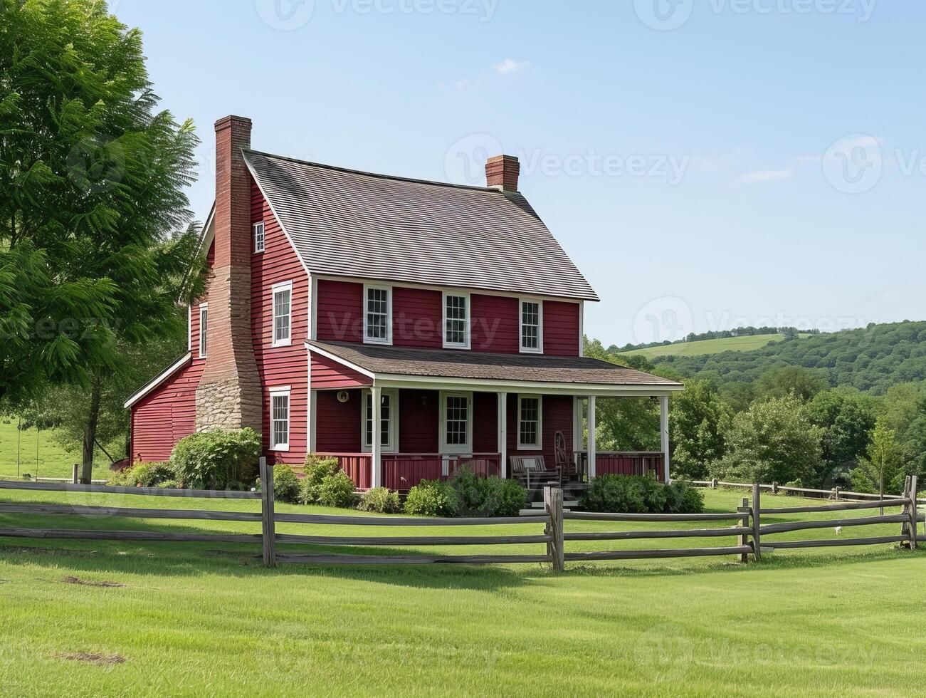 AI generated A sprawling Cape Cod-style farmhouse surrounded by rolling hills and acres of farmland photo