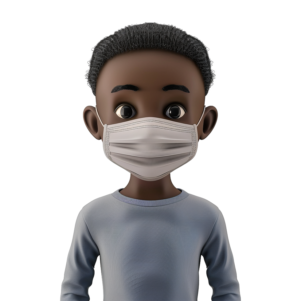 AI generated 3d small black boy wear face mask png isolated on transparent background