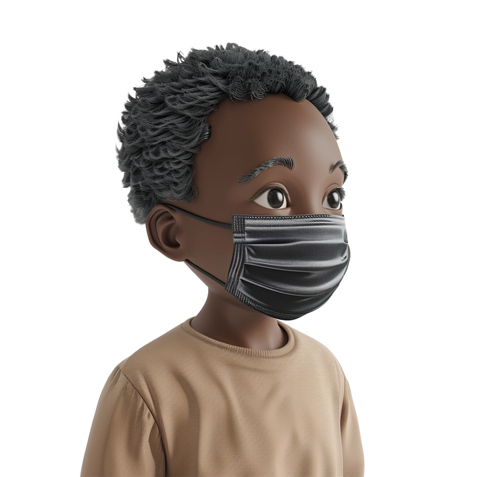AI generated 3d small black boy wear face mask png isolated on transparent background
