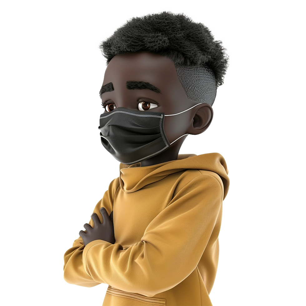 AI generated 3d small black boy wear face mask png isolated on transparent background