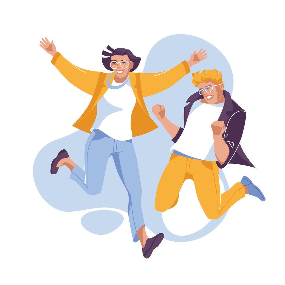 Happy young people jumping. Isolated on white background. Vector flat illustration