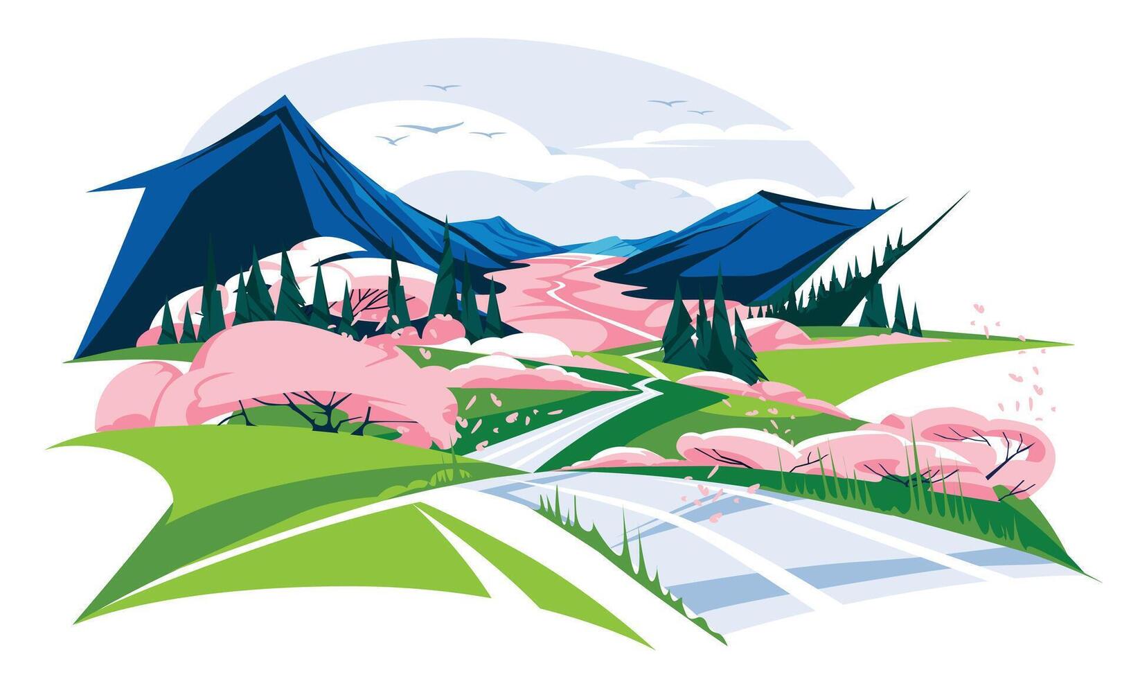 The trees on the path in the mountains bloom in spring. Flowering season. Tourism and travel. Pink petals. Vector flat illustration.