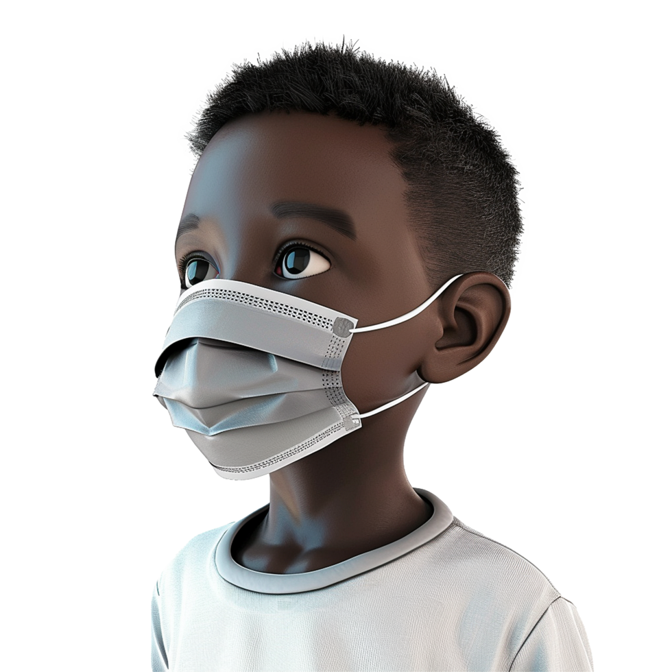 ai gegenereerd 3d klein zwart jongen slijtage gezicht masker PNG geïsoleerd Aan transparant achtergrond