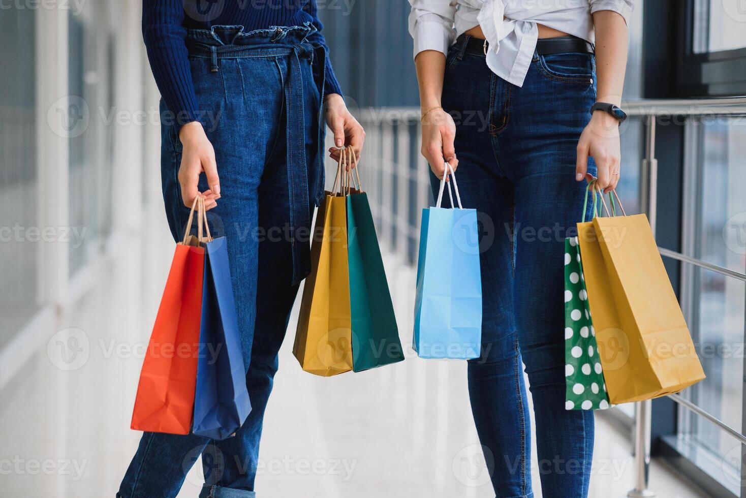 Two girl-friends on shopping walk on shopping centre with bags photo