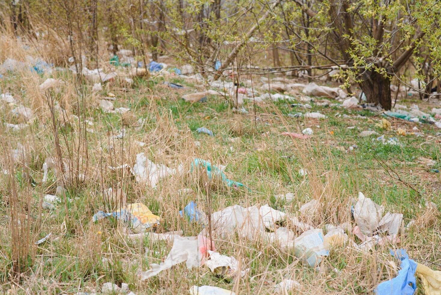 tierra con basura, basura tugurio paisaje de ecológico dañar contaminado tierra., el plastico chatarra en vertedero, ambiental problemas contaminación, residuos o basura desde casa en residuos vertedero foto