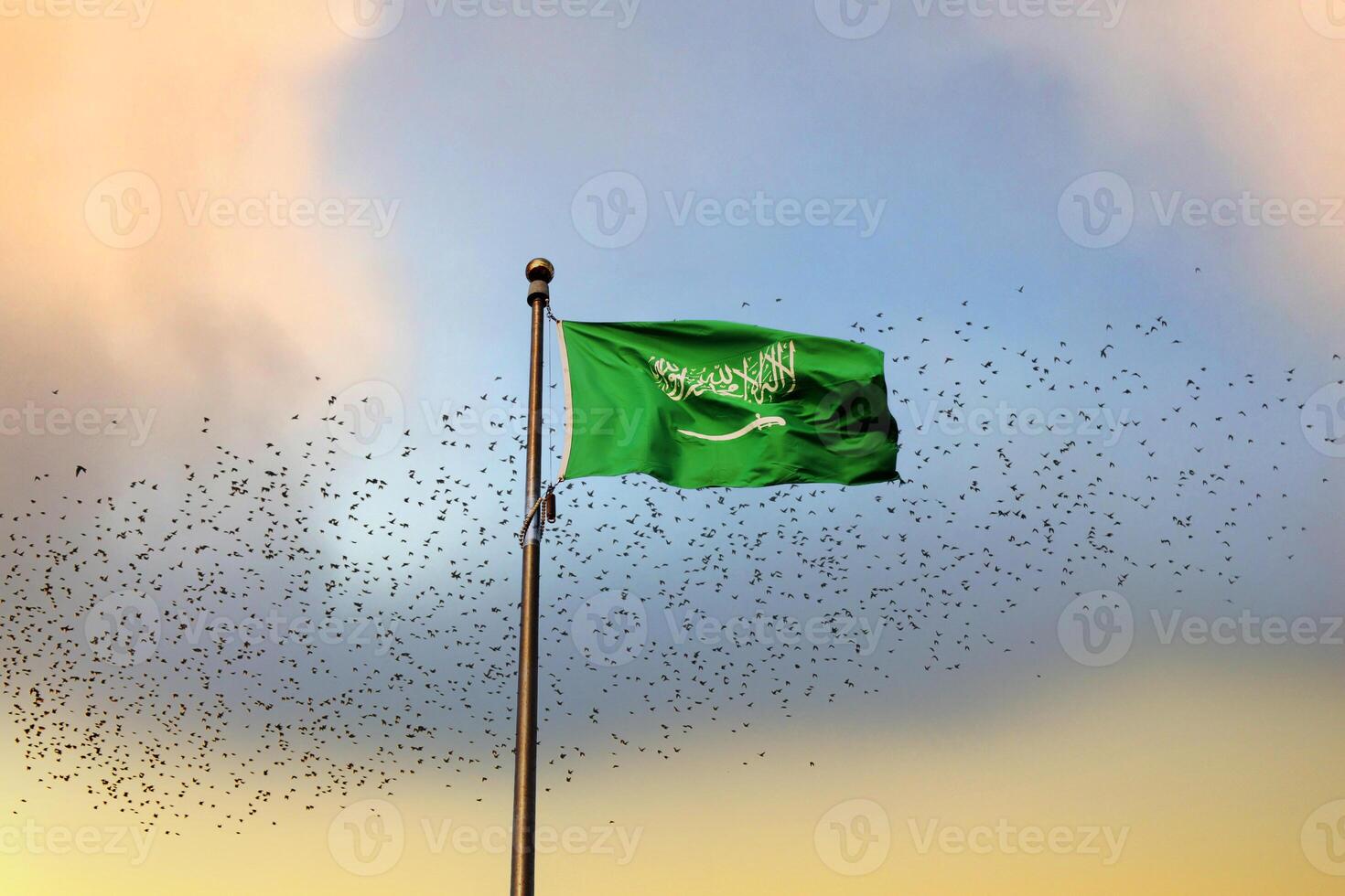 nacional bandera de saudi arabia ondulación entre aves volador en el cielo. símbolo de libertad.islamica religión bandera. foto