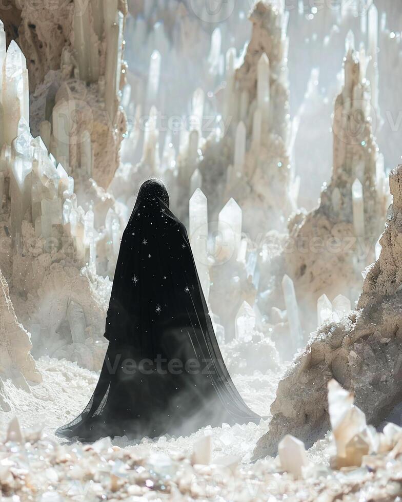 AI generated A mysterious sorceress, adorned in flowing robes and a crown of stars, wanders through a surreal dreamscape with floating crystals and shimmering mist Photography, backlighting, vignette photo