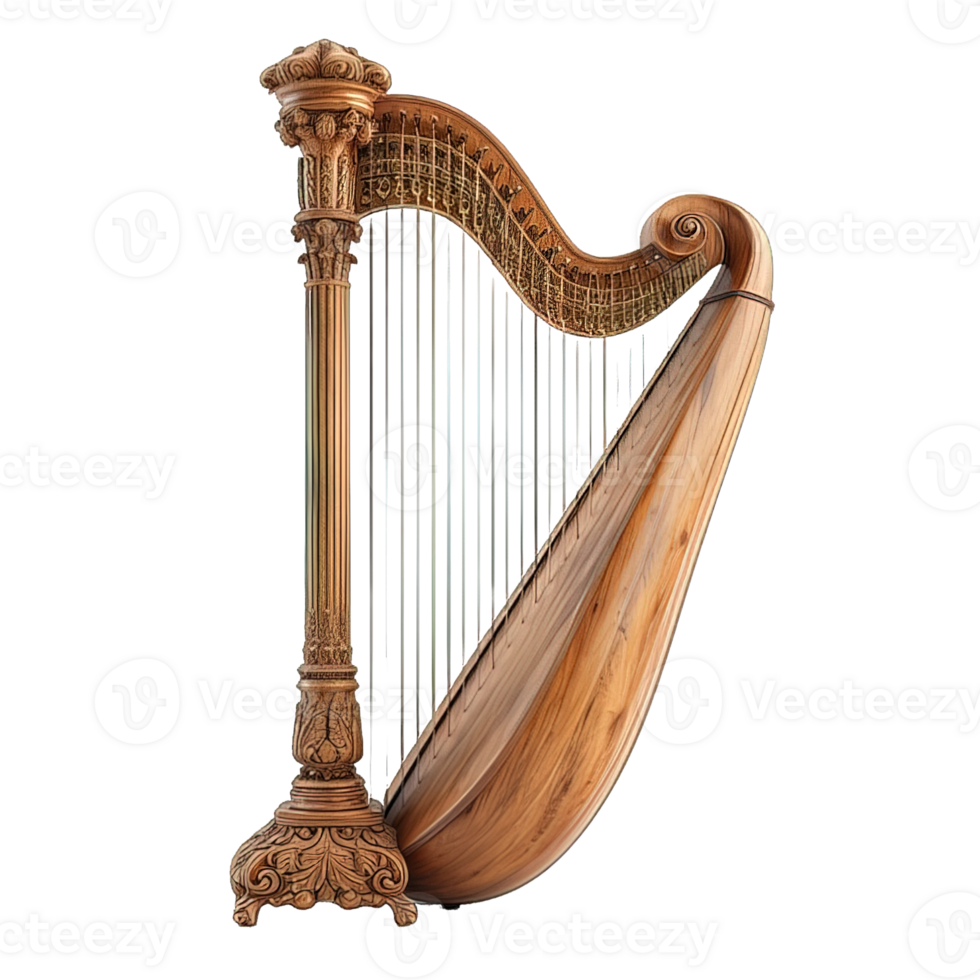 AI generated harp isolated on transparent background ,harp instrument png ,generative ai