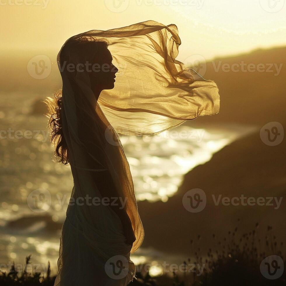 AI generated Coastal traveler, wind-whipped scarf, chasing waves, cruising along a scenic coastal road overlooking the ocean, photography, backlighting, with a bokeh effect photo