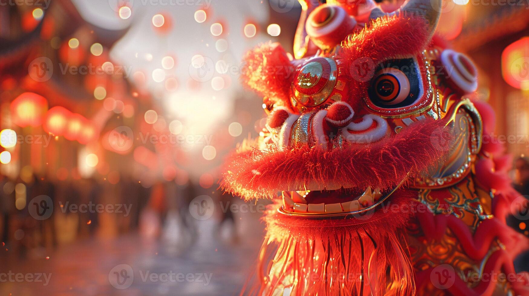 AI generated Dragon Dance, Traditional Chinese Costume, Festive dragon moves through vibrant streets, crowds cheering, Lantern Festival celebration, 3D render, Golden hour, Depth of field bokeh effect photo