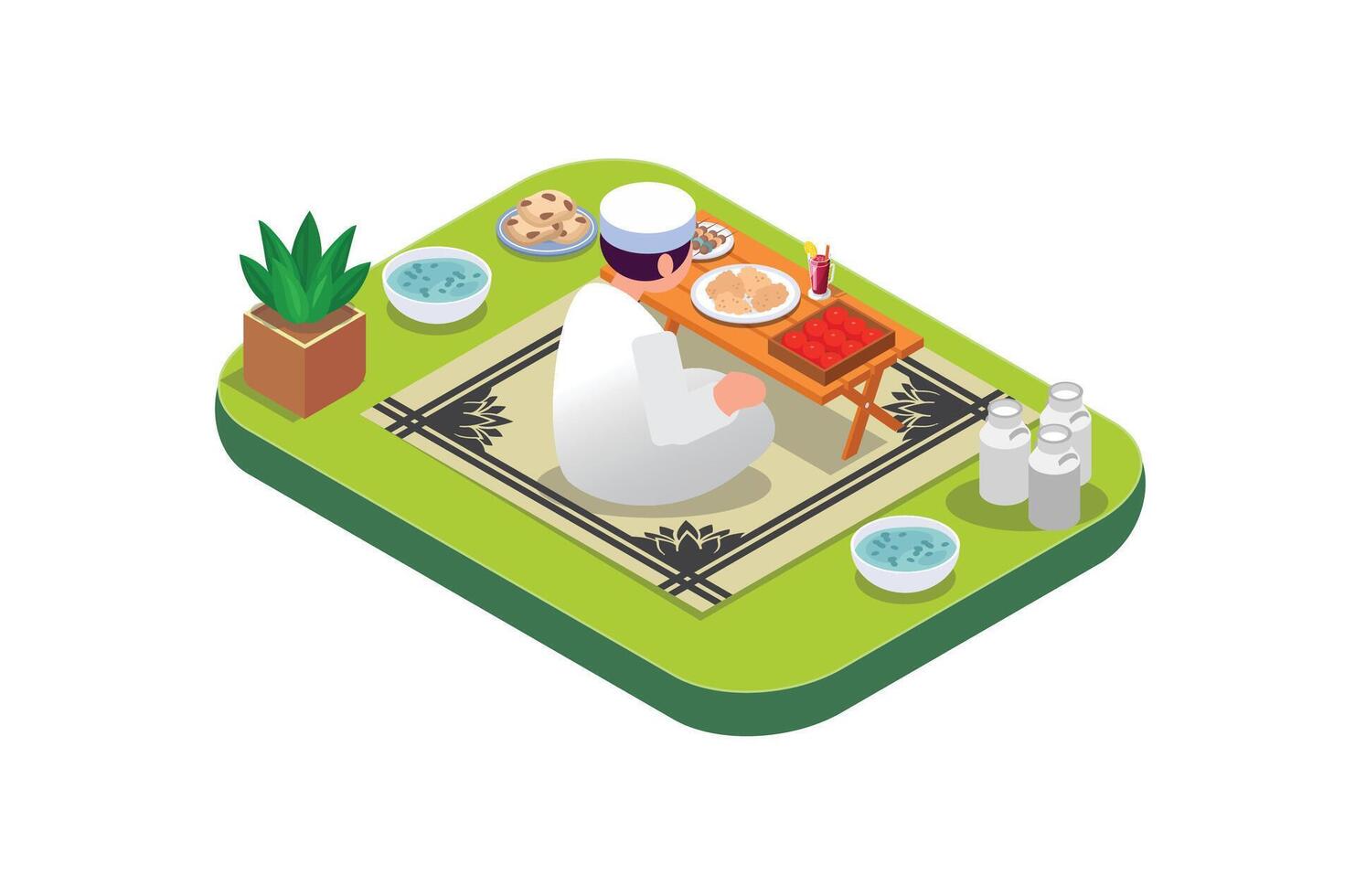 Isometric illustration ramadan kareem eating foody.  with food and drinks on the table. Suitable for Diagrams, Infographics, Book Illustration , Infographics, And Other Graphic asset vector