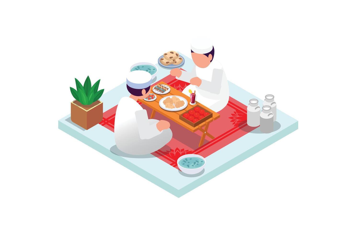 Isometric illustration ramadan kareem eating foody.  with food and drinks on the table. Suitable for Diagrams, Infographics, Book Illustration , Infographics, And Other Graphic asset vector