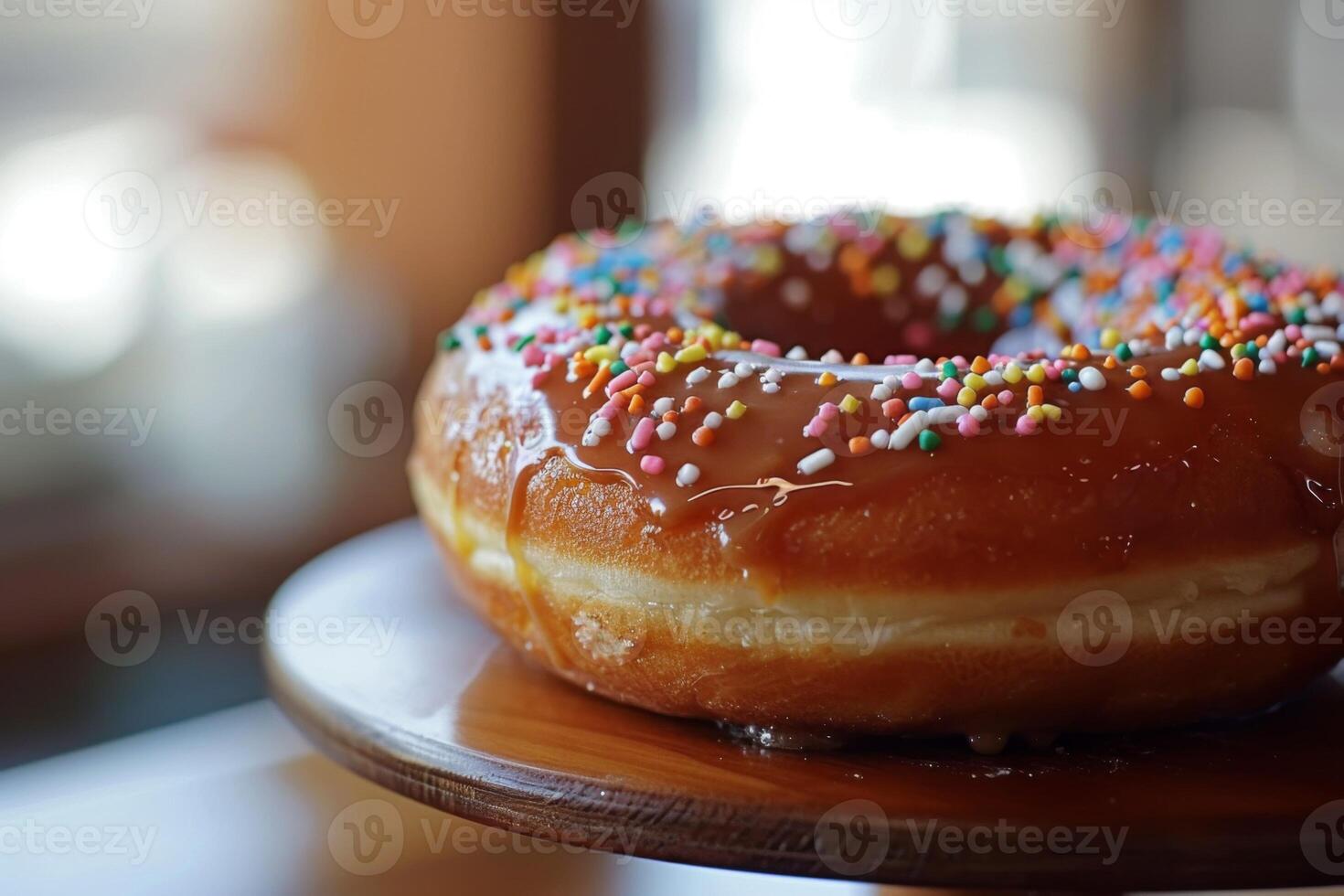 AI generated Close-up of a caramel donut with sprinkles, dessert, sweet, pastry, sugar, snack, glaze and colorful on a wooden plate photo