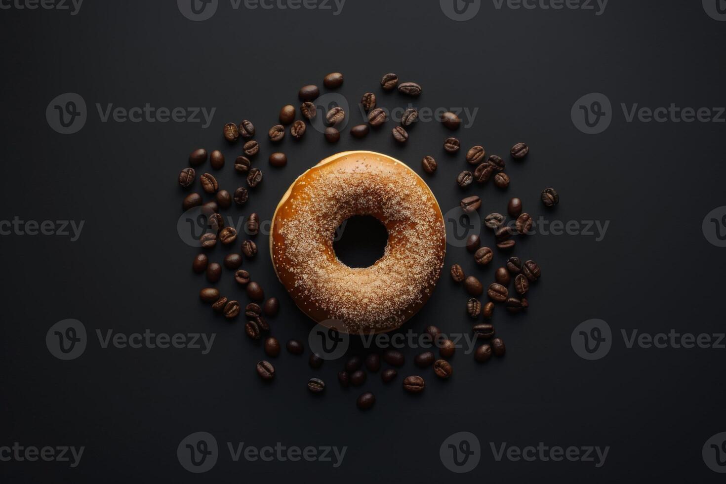 AI generated Espresso donut surrounded by aromatic coffee beans on dark background photo