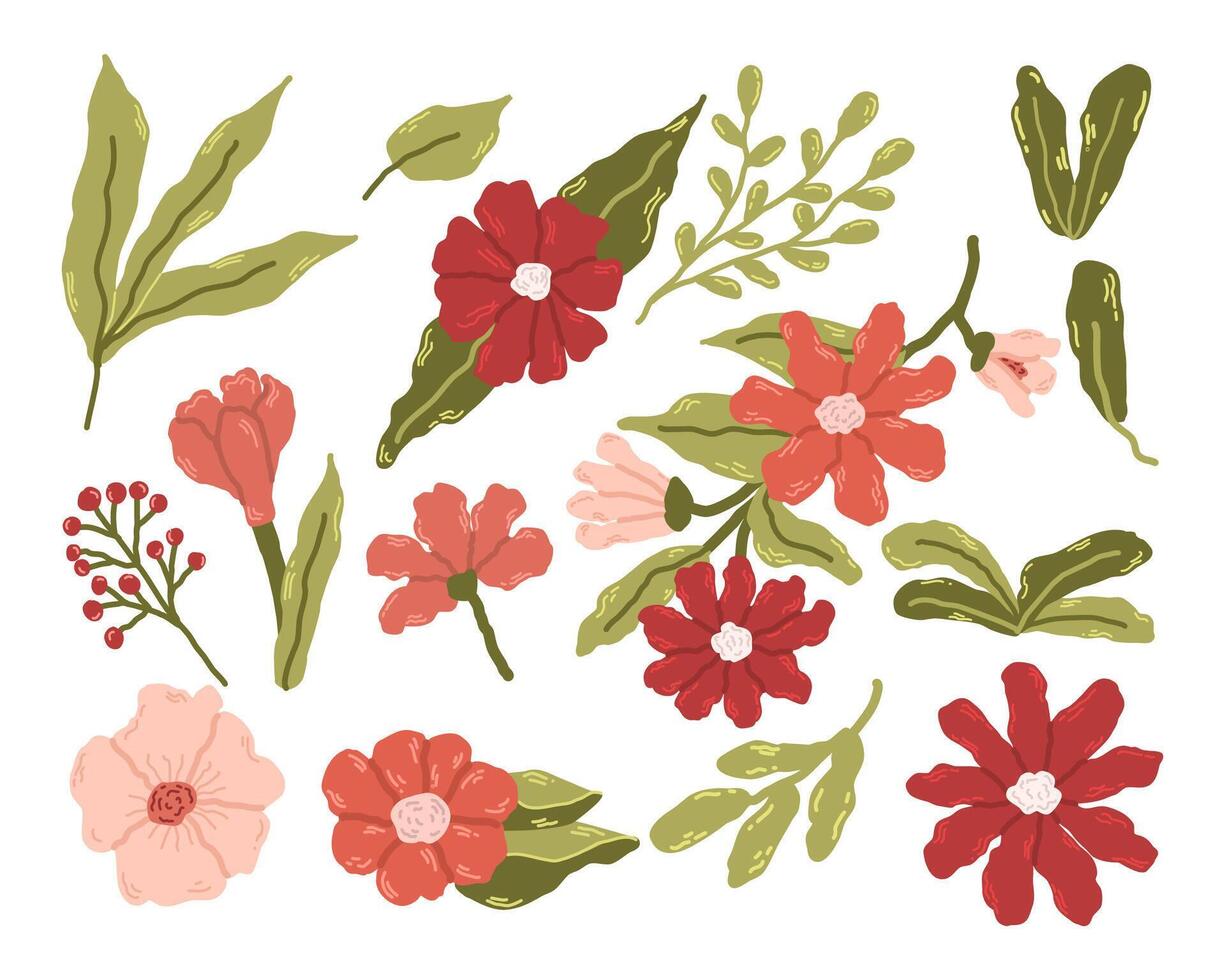 Various romantic flower and leaf illustrations.Trendy Hand drawn Wild Meadow florals , Flower bouquet illustration vector