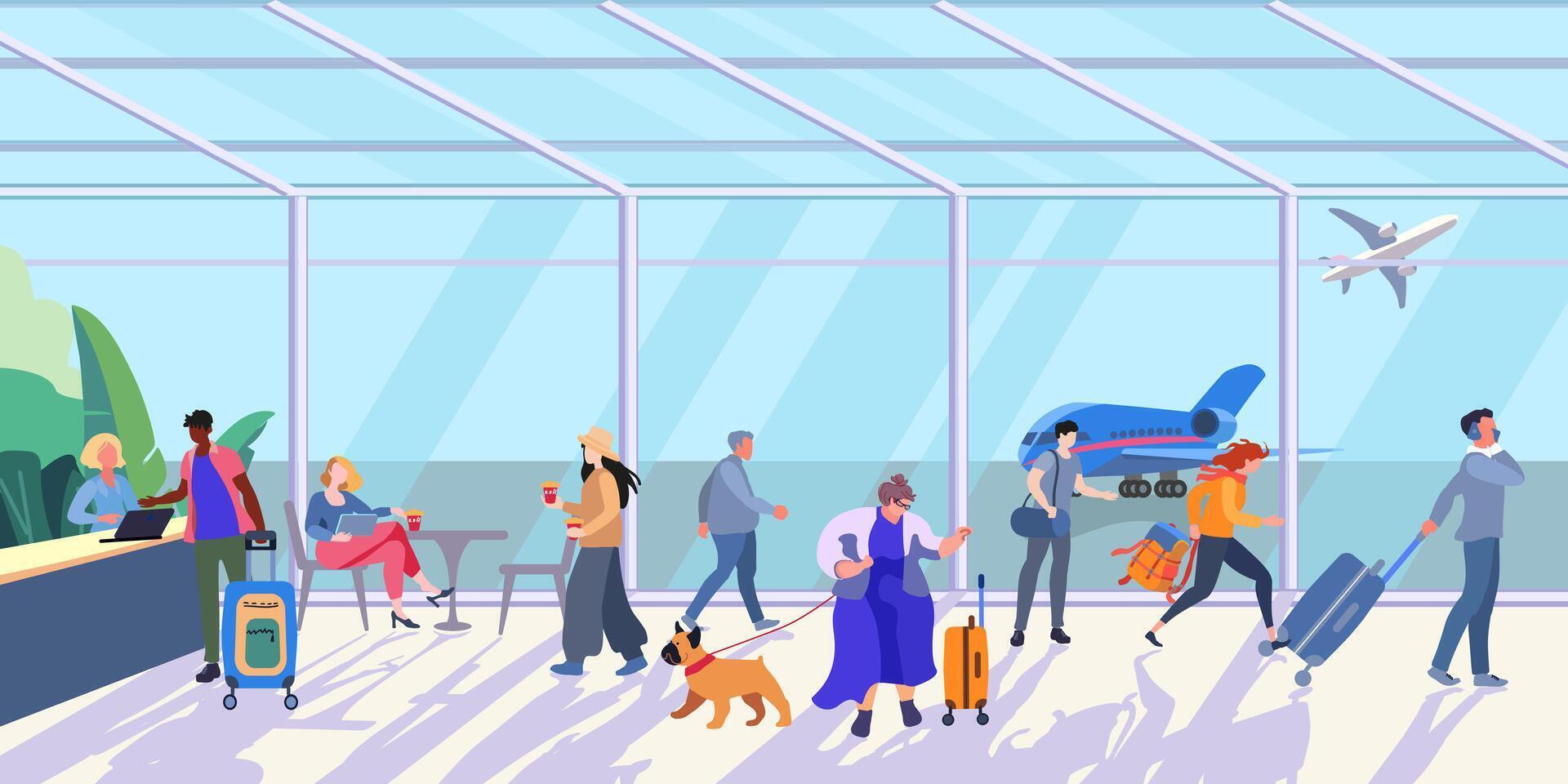 Sunny Interior inside the airport terminal with people and luggage. Airport lounge on a sunny day. A large woman with a dog and a running girl. Flight check in counter. vector illustration for banner