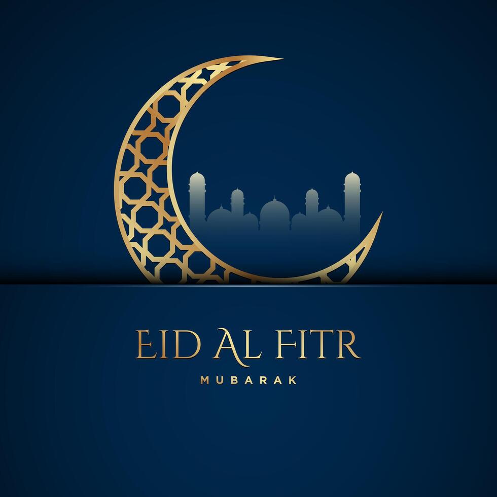 silueta de mezquita y dorado creciente Luna en azul antecedentes para el ocasión de musulmán comunidad festival eid-al-fitr. vector