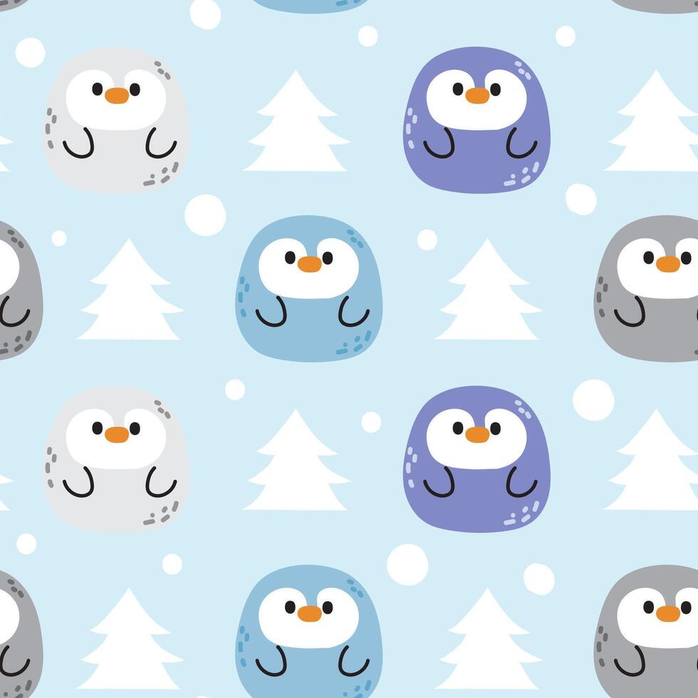 Seamless pattern of cute penguin with christmas tree and snow on patel background.Winter.Bird animal character cartoon design.Clothing print screen.Baby graphic.Kawaii.Vector.Illustration. vector