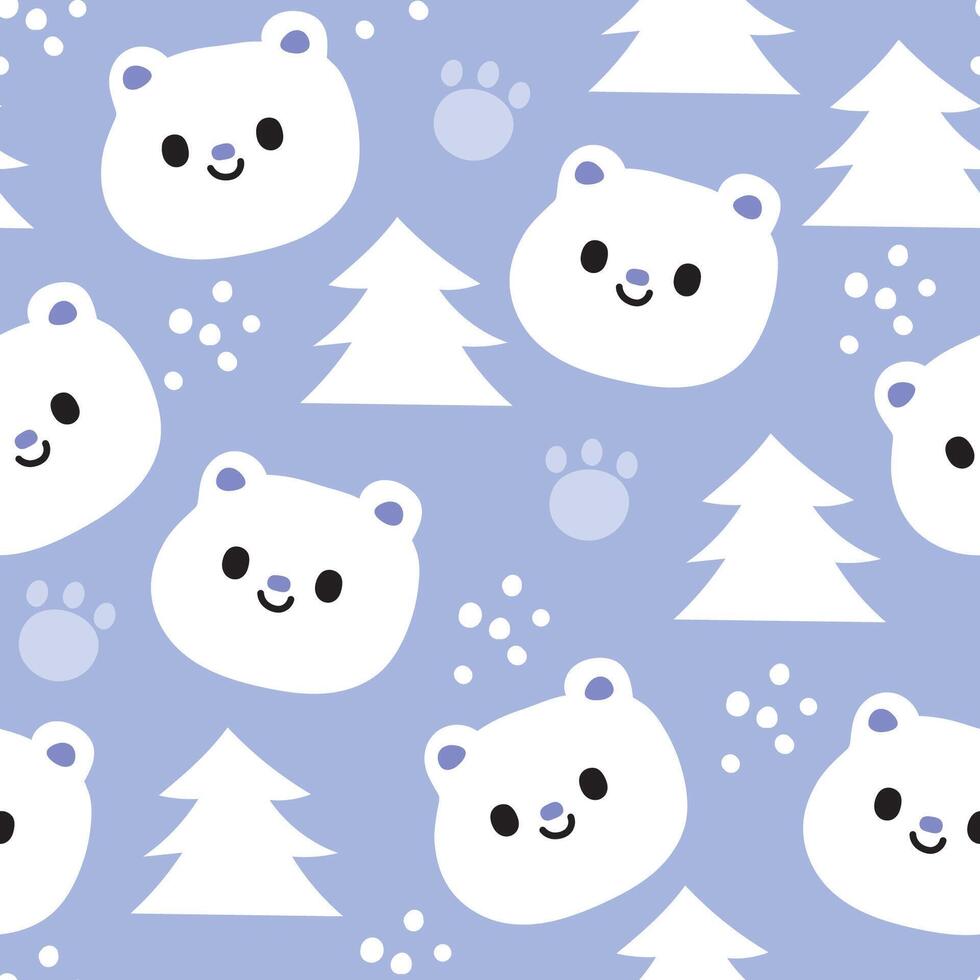 Seamless pattern of cute polar bear face with tree snow background.Winter.Teddy bear head.Wild animal character cartoon design.Clothing print screen.Baby graphic.Kawaii.Vector.Illustration. vector