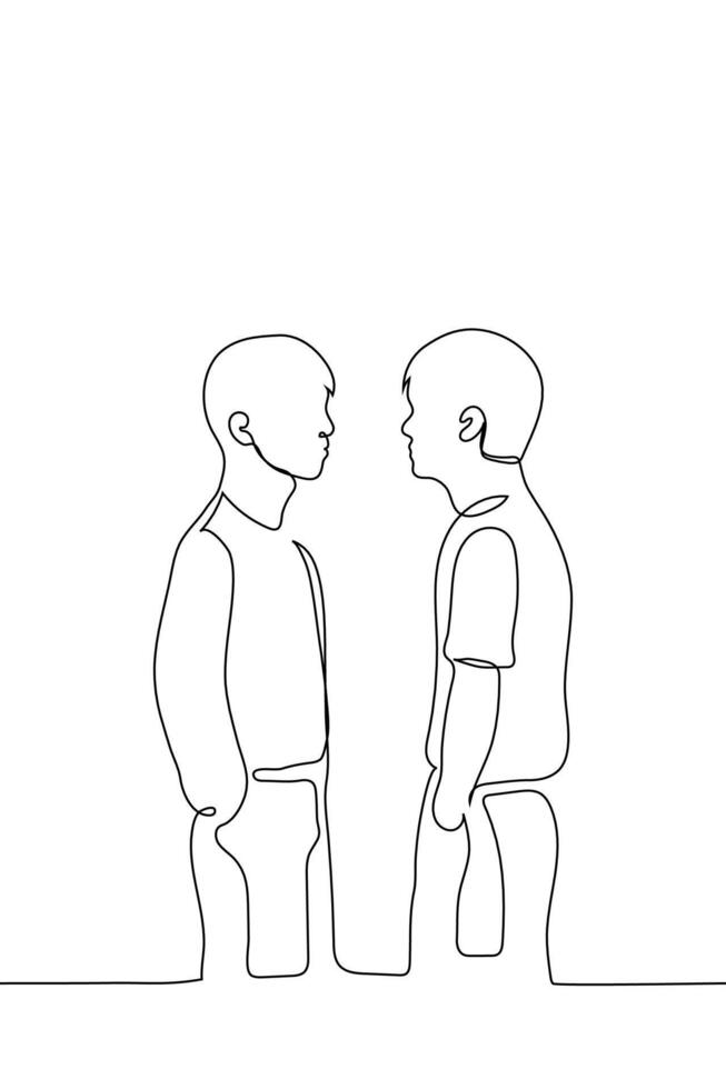 men are facing each other - one line drawing. concept of conflict,  polemics, aggressiveness, aggressive dispute vector