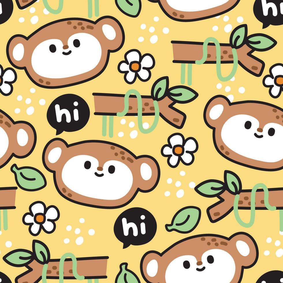 Seamless pattern of cute face monkey in jungle concept.Wild animal character cartoon design.Flower,leaf,wood,hi text hand drawn.Kid clothing print screen.Kawaii.Vector.Illustration. vector