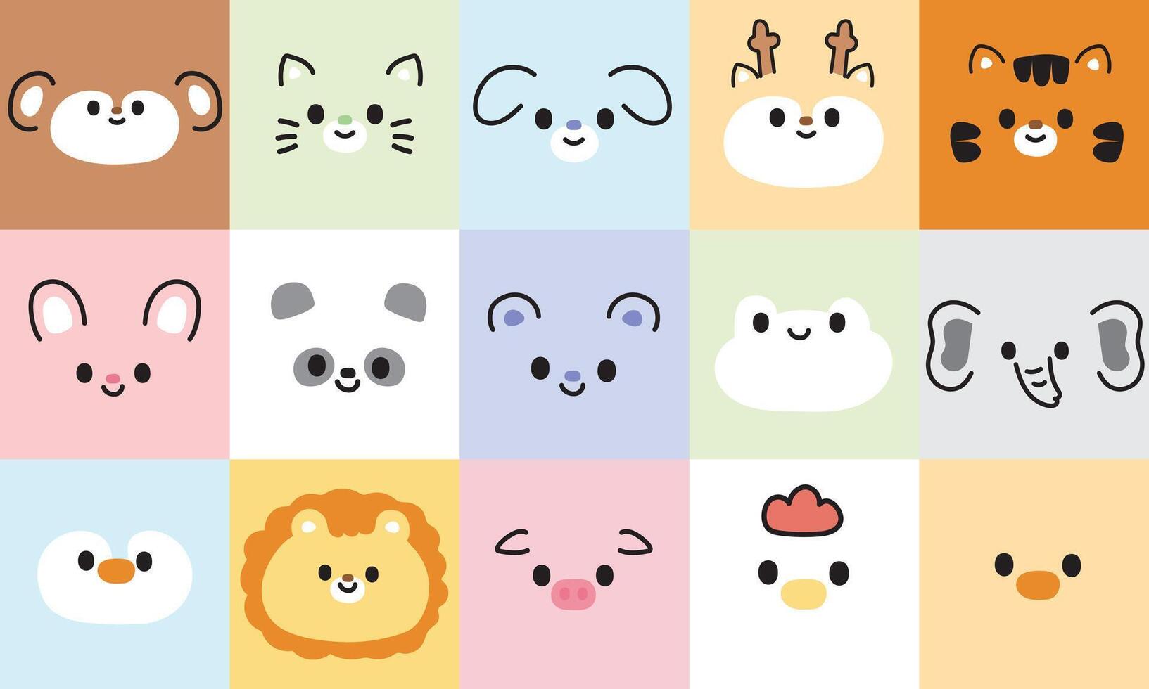 conjunto de linda cara animales en pastel marco fondo.dibujos animados personaje diseño.salvaje,mascota,granja,roedor,reptil cabeza ilustración.vectorial.animal.kawaii. vector