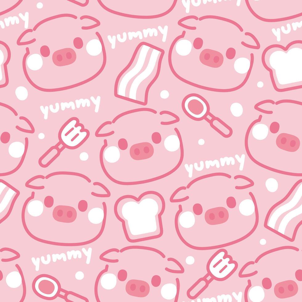 Seamless pattern of cute pig face line on pink background.Yummy text.Bread,spoon,fork,bacon hand drawn.Farm animal character cartoon.Kawaii.Vector.Illlustration. vector