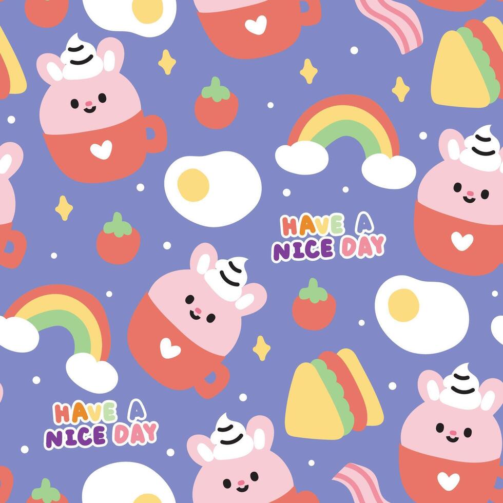 sin costura de linda Conejo permanecer en café taza con varios icono fondo.desayuno.arcoiris,tomate,sándwich,frito huevo, tocino mano dibujado.tener un bueno día.kawaii.vector.ilustracion. vector