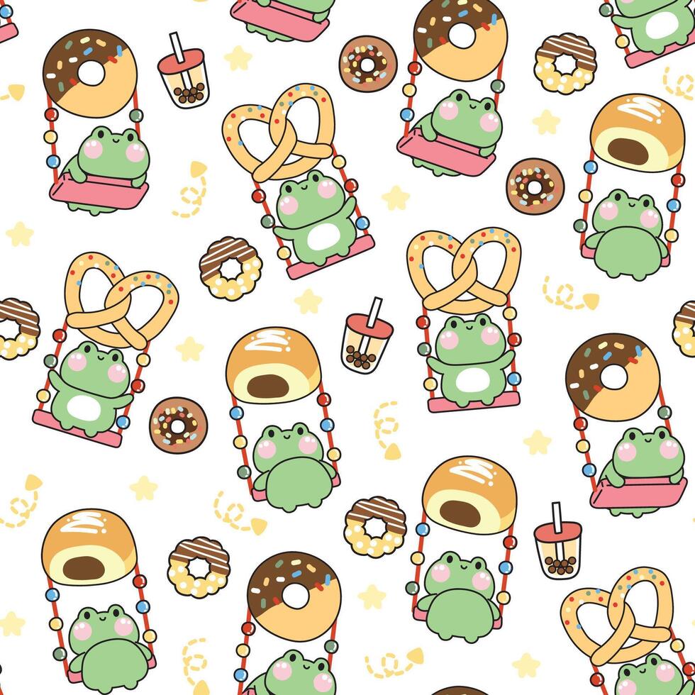 Seamless pattern of cute frog sit on swing dessert and sweet shape on white background.Donut,bread,candy,bubble milk tea hand drawn.Reptile animal character cartoon design.Kawaii.Vector.Illllustration vector